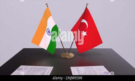 Turkey and India national flags. Partnership deal 3D illustration, politics and business agreement cooperation. Stock Photo