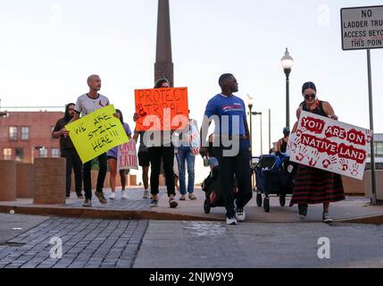 Protesters march to City Hall in response to Supreme Court's ruling in Tulsa, Okla.,on Thursday, June 29, 2022. The Supreme Court has ruled that Oklahoma can prosecute non-Native Americans for crimes committed on tribal land when the victim is Native American. The 5-4 decision on Wednesday cut back on the high court’s ruling from 2020 that said a large chunk of eastern Oklahoma remains an American Indian reservation. (Manuela Soldi/Tulsa World via AP)