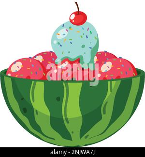 Strawberry and mint ice cream in watermelon bowl illustration Stock Vector