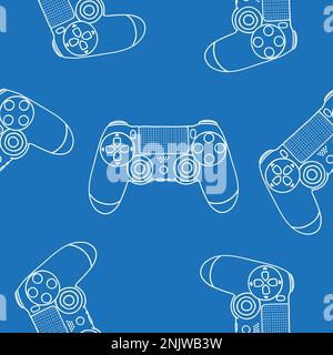 Seamless pattern of game controllers. Vector illustration in hand-drawn outline flat style on blue background Stock Vector