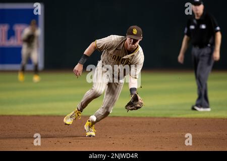 San Diego Padres' C.J. Abrams watches his fly out while batting during the  fourth inning of a baseball game against the Arizona Diamondbacks, Monday,  June 20, 2022, in San Diego. (AP Photo/Gregory