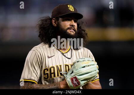 San Diego Padres' C.J. Abrams watches his fly out while batting during the  fourth inning of a baseball game against the Arizona Diamondbacks, Monday,  June 20, 2022, in San Diego. (AP Photo/Gregory