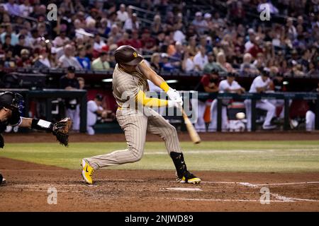 San Diego Padres' C.J. Abrams watches his fly out while batting during the  fourth inning of a baseball game against the Arizona Diamondbacks, Monday,  June 20, 2022, in San Diego. (AP Photo/Gregory