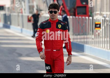 Sakhir, Bahrain. 23rd Feb, 2023. Motorsport: Formula 1 test drives in Bahrain. Charles Leclerc from Monaco of the Ferrari team in the paddock. Credit: Hasan Bratic/dpa/Alamy Live News Stock Photo