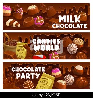 Milk chocolate, praline and fudge candy. Souffle, truffle and jelly, hazelnut bonbons. Horizontal vector banners with cocoa production, beans, melt drips and choco bars, sweet food, desserts ads cards Stock Vector