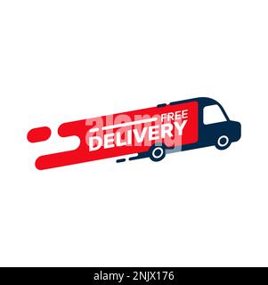 Free delivery service icon. Retail company cargo free delivery, moving service or parcel express shipping vector emblem. Fast food restaurant meal free delivery symbol or icon with van silhouette Stock Vector