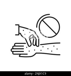 Chickenpox, hand in itchy red spots, contagious disease medicine treatment. Skin rash as contagious disease symptom. Illness diagnosis and health concept Stock Vector