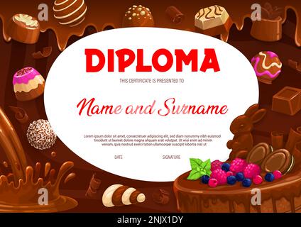 Kids diploma milk chocolate, praline and fudge candy, souffle, truffle and jelly, hazelnut bonbons. Cartoon vector fame with desserts, graduation or award certificate template for best confectioner Stock Vector