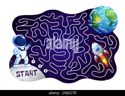 Labyrinth maze cartoon astronaut and space rocket. Kids vector worksheet help cosmonaut to find spaceship in galaxy. Board game with tangled path, start and finish on cosmic landscape riddle, test Stock Vector