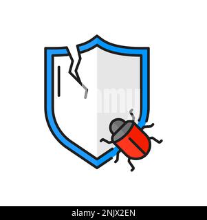 Broken shield and computer bug color line icon for mobile concept and web design. Virus and cyber attack alert, stealing personal information Stock Vector