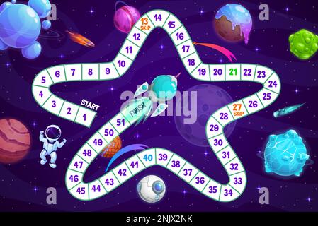 Kids board game astronaut in outer space, galaxy with planets and rocket. Vector worksheet, step boardgame with block start shaped path, numbers, start, finish, cartoon cosmonaut character and shuttle Stock Vector