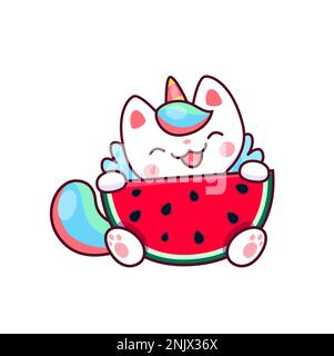 Cartoon cute kawaii caticorn character with watermelon. Vector winged unicorn cat enjoying fresh fruit slice. Funny kitten magic character with dessert. Fantasy white baby kitty with colorful tail Stock Vector