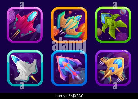 Cartoon space game app spaceship and starcraft icons. Vector starships ui or gui menu elements for application interface. Futuristic fantasy cosmic engines inside of square frames, galaxy buttons set Stock Vector