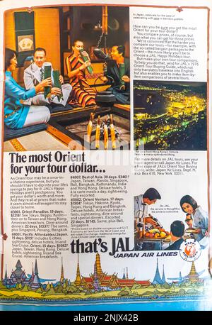 JAL Japan airlines travel advertisement in a NatGeo magazine, June 1976 Stock Photo