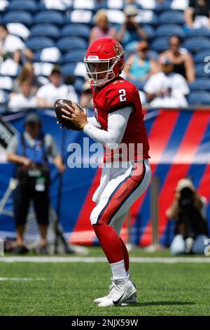 CANTON, OH - JUNE 25: New Jersey Generals quarterback Luis Perez (2) with  the ball in the first quarter during the USFL semifinal between the  Philadelphia Stars and the New Jersey Generals on June 25, 2022, at Tom  Benson Hall of Fame Stadium in