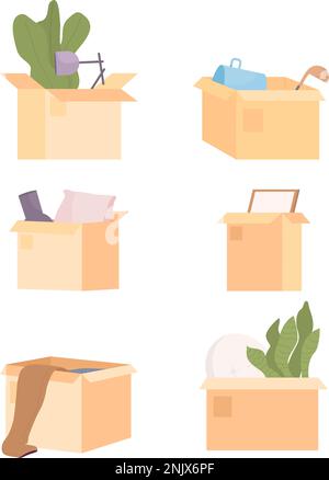 Open packing boxes with belongings semi flat color vector objects bundle Stock Vector