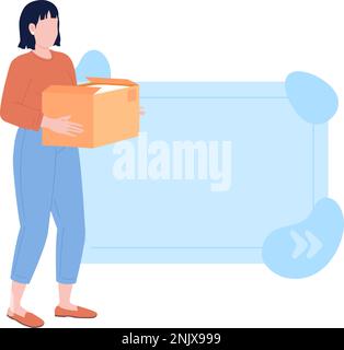 Woman holding cardboard box with unwanted stuff quote textbox with flat character Stock Vector