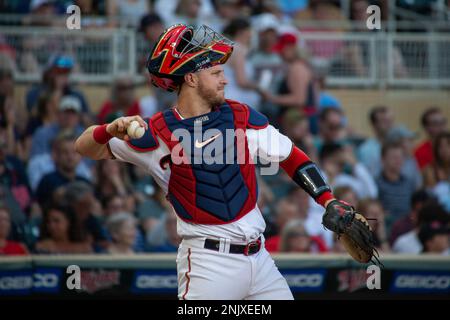 MINNEAPOLIS, MN - JUNE 08: Minnesota Twins catcher Ryan Jeffers (27) behind  the plate during a game between the Minnesota Twins and New York Yankees on  June 8, 2022 at Target Field