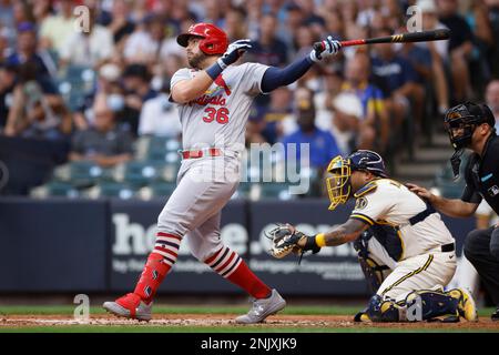 MILWAUKEE, WI - JUNE 22: St. Louis Cardinals center fielder Harrison Bader  (48) bats during an MLB game against the Milwaukee Brewers on June 22, 2022  at American Family Field in Milwaukee