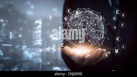 Businessman hands virtual world online banking payment finance internet currency and digital exchange concept. Stock Photo
