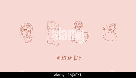 Vector set of museum statues isolated. Museum day horizontal banner. David statue, venus, female statue. Vector illustration Stock Vector