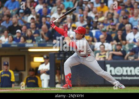 MILWAUKEE, WI - APRIL 07: St. Louis Cardinals second baseman Brendan Donovan  (33) catches a ball during a game between the Milwaukee Brewers and the St.  Louis Cardinals at American Family Field