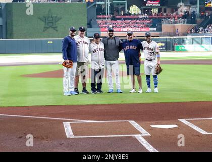HOUSTON, TX - JUNE 19: (left to right) Houston Astros starting pitcher  Lance McCullers Jr. (43), Houston Astros starting pitcher Jose Urquidy (65)  and Houston Astros second baseman Jose Altuve (27) receive
