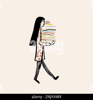 Colorful illustration side view of woman with long black hair in pajamas holding high stack of multicolored books while walking on pink background Stock Photo