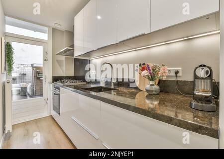 White cupboards and counters with marble countertop located near door with glass window in narrow kitchen of house Stock Photo