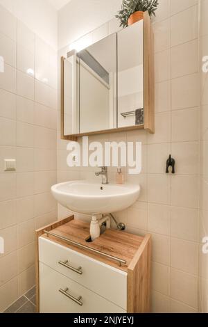 White ceramic sink placed on wooden cabinet under mirror with potted plant against tiled wall in light bathroom interior Stock Photo