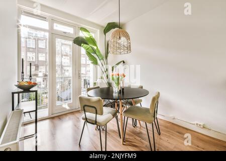 Interior design of dining room with table and chairs in modern apartment decorated with flowers in glass vase placed near big potted plant under chand Stock Photo