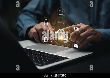 Businessman hand touching with cloud computing diagram. cloud technology data storage network and internet service concept. Stock Photo