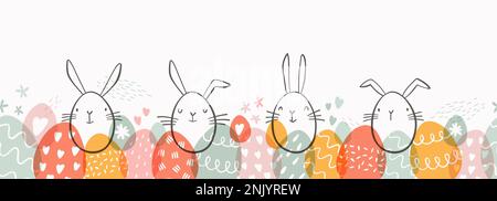Cute hand drawn Easter horizontal seamless pattern with bunnies, flowers, easter eggs, beautiful background, great for Easter Cards, banner, textiles, Stock Vector