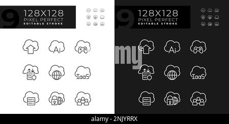 Cloud for data processing pixel perfect linear icons set for dark, light mode Stock Vector