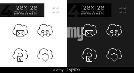Purposes of cloud computing pixel perfect linear icons set for dark, light mode Stock Vector