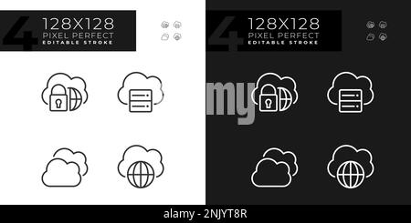 Safe access to cloud storage pixel perfect linear icons set for dark, light mode Stock Vector