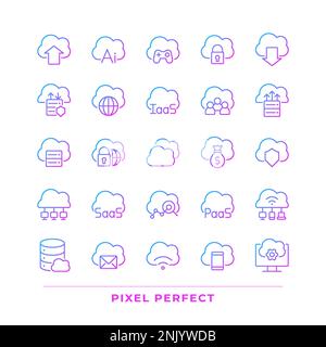 Cloud computing pixel perfect gradient linear vector icons set Stock Vector