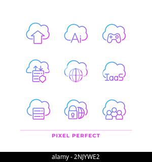 Cloud service for data processing pixel perfect gradient linear vector icons set Stock Vector