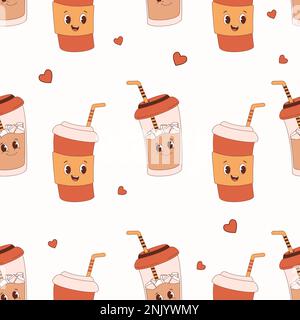 Seamless pattern with cute cartoon characters coffee cups with straw on white background with hearts. Vector illustration. Endless background in retro Stock Vector