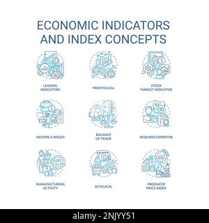 Economic indicators and index turquoise concept icons set Stock Vector