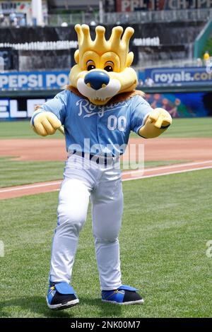 Kansas City Royals mascot Sluggerrr fires up the crowd before Game 2 of the  ALCS against the Toronto Blue Jays on at Kauffman Stadium in Kansas City,  Mo., on Saturday, Oct. 17