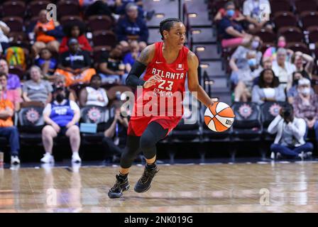 UNCASVILLE, CT - JUNE 15: Atlanta Dream guard Destiny Slocum (24) in action  during the WNBA game between Atlanta Dream and Connecticut Sun on June 15,  2022, at Mohegan Sun Arena in