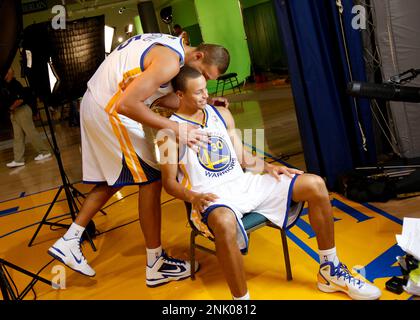 Warriors center Andris Biedrins (left) clowned a bit with Stephen 