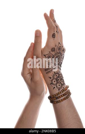woman with beautiful henna tattoo on hand against white background closeup traditional mehndi 2nk08b5