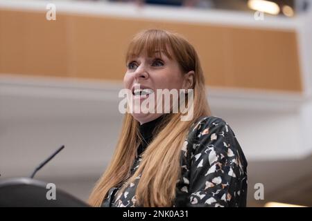 Manchester, UK. February 23rd, 2023.  Angela Rayner deputy leader speaks before Keir Starmer launches five bold missions for a better Britain at 1 Angel Square, Manchester UK. The Labour leader spoke in front of shadow cabinet colleagues and Manchester based politicians. He outlined the purpose of missions as. “It means providing a clear set of priorities. A relentless focus on the things that matter most.” Picture: garyroberts/worldwidefeatures.com/Alamy Live News Stock Photo