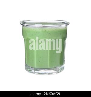 Tasty fresh green smoothie in glass on white background Stock Photo