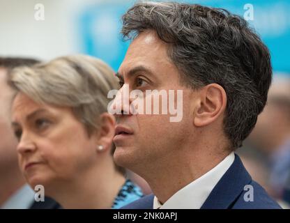 Manchester, UK. February 23rd, 2023.  Former leader Ed Milliband and Yvette Cooper listen as Keir Starmer shadow home secretary  launches five bold missions for a better Britain at 1 Angel Square, Manchester UK. The Labour leader spoke in front of shadow cabinet colleagues and Manchester based politicians. He outlined the purpose of missions as. “It means providing a clear set of priorities.  A relentless focus on the things that matter most.” Picture: garyroberts/worldwidefeatures.com/Alamy Live News