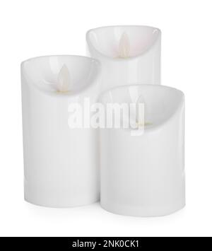 Decorative flameless LED candles on white background Stock Photo