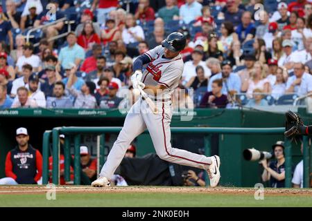 WASHINGTON, DC - JUNE 14: Matt Olson (28) of the Atlanta Braves makes contact with the ball during a game against the Washington Nationals on June 14, 2022 at National Park in Washington, DC. (Photo by John McCreary/Icon Sportswire) (Icon Sportswire via AP Images)