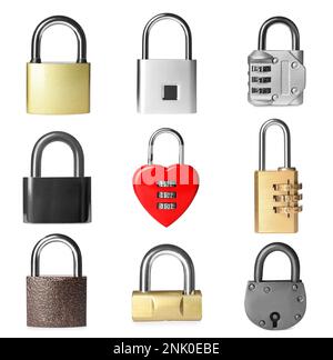 Set with different metal padlocks on white background Stock Photo